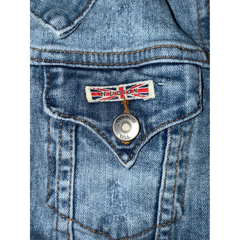 Hudson Jeans Women Light Wash Denim Trucker Jacket Union Jack Patch Size M - Picture 3 of 10